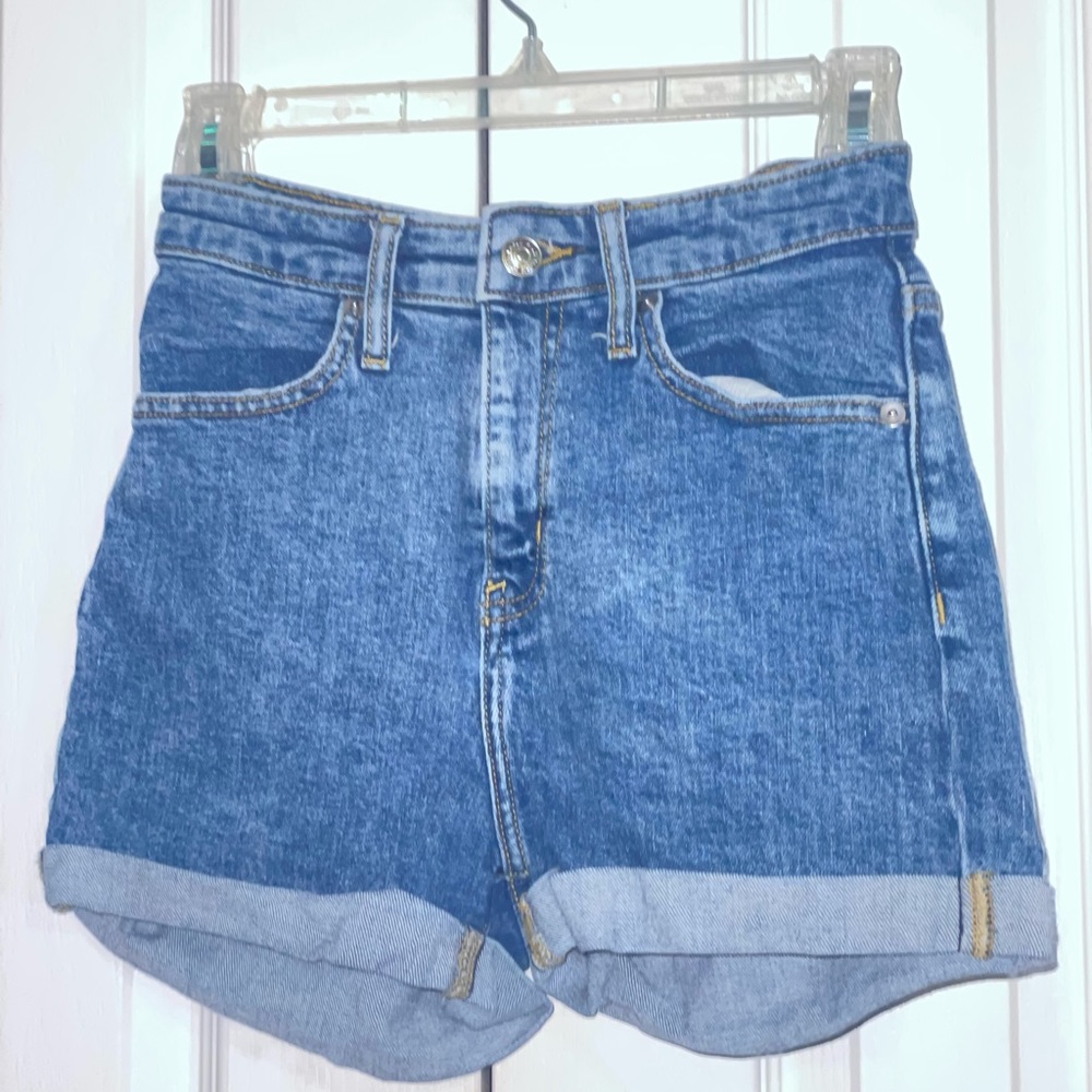 high waisted mid wash denim shorts